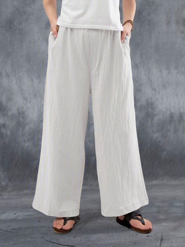 Women's Wide Leg Pants Trousers Faux Linen White Pink Blue Fashion Casual Weekend Side Pockets Wide Leg Full Length Comfort Plain S M L XL 2XL