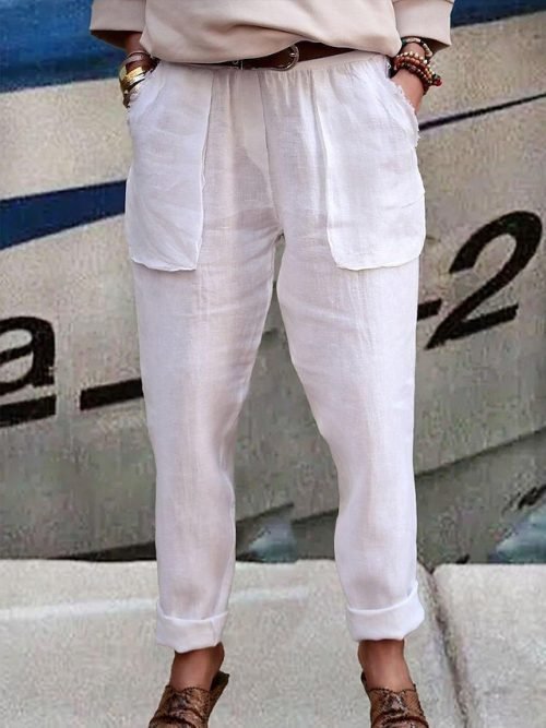 Women's Pants Trousers Straight Faux Linen White Fashion Basic Daily Vacation Side Pockets High Cut Calf-Length Comfort Plain S M L XL 2XL