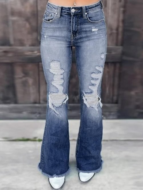 Women's Jeans Flared Pants Distressed Jeans Denim Blue Fashion Basic Office Vacation Side Pockets Micro-elastic Full Length Comfort Plain S M L XL