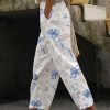 Women's Pants Trousers Faux Linen Blue Green Light Blue Casual Holiday Weekend Side Pockets Full Length Comfort Leaf S M L XL XXL